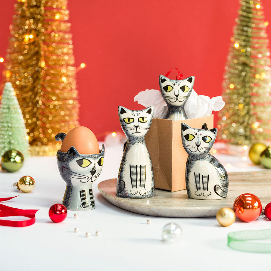Grey Tabby Cat Egg Cup, Salt & Peppers, Hanging Decoration