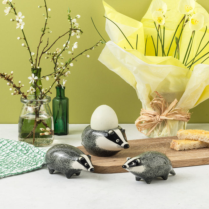Badger egg cup and badger salt and pepper shaker by Hannah Turner
