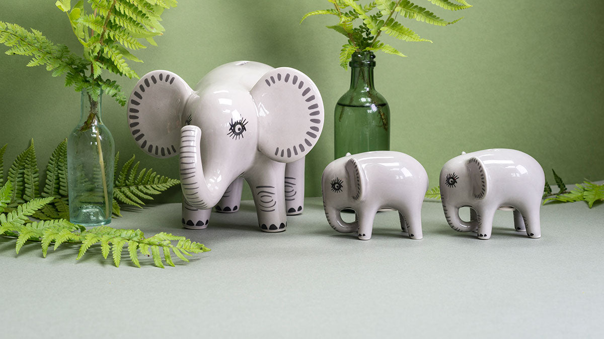 Elephant money box and salt and pepper shakers by Hannah Turner