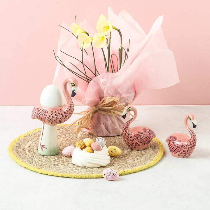 Handmade ceramic flamingo egg cup and salt and pepper shakers by Hannah Turner