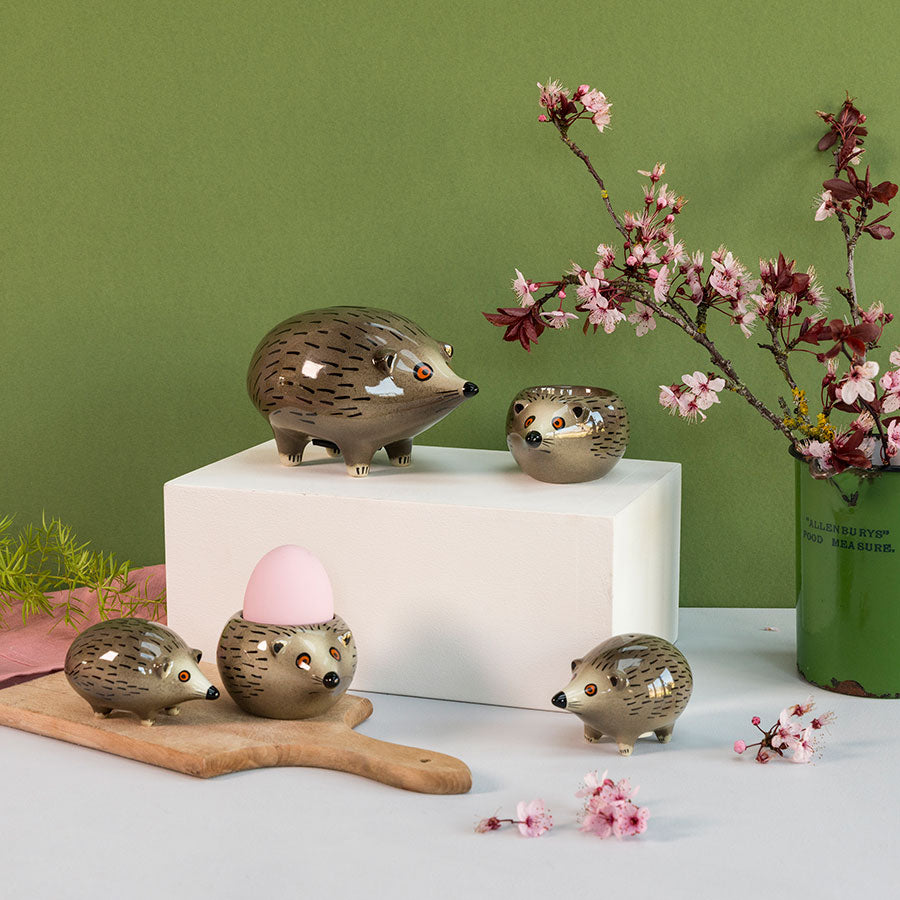 Hedgehog money box, egg cups and salt and pepper shakers by Hannah Turner