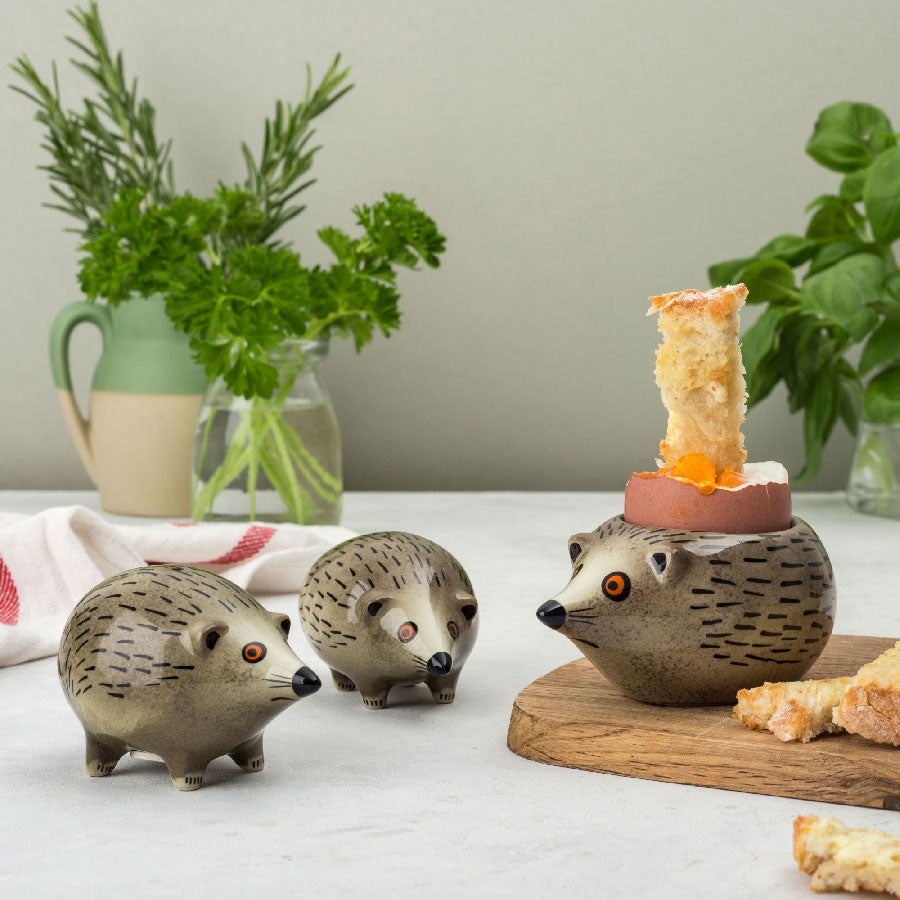 Hedgehog egg cup and salt and pepper shakers by Hannah Turner