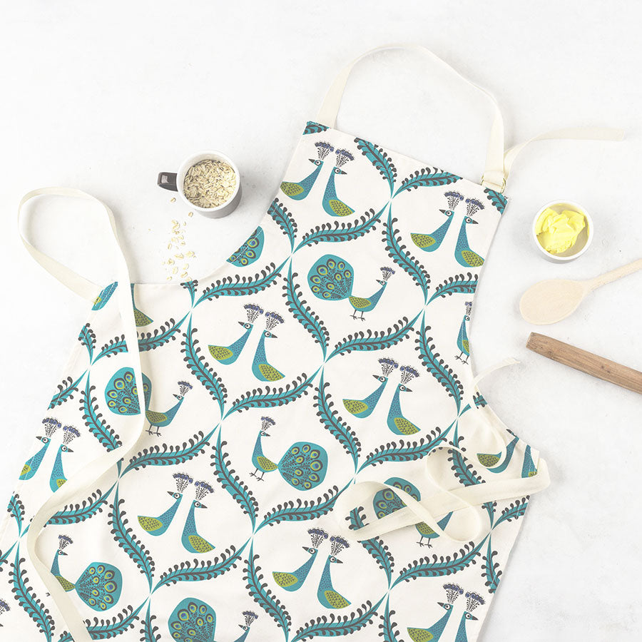 Peacock design organic unbleached cotton apron, kitchen linens by Hannah Turner
