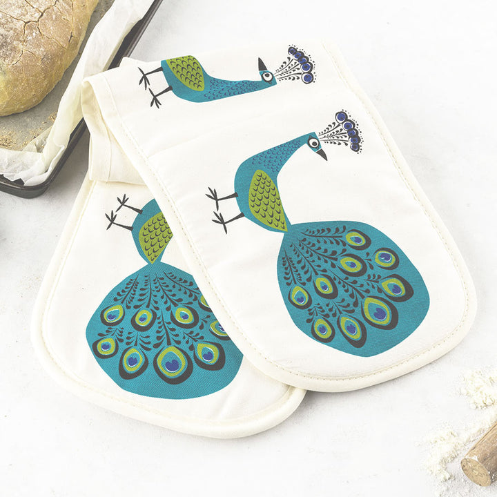 Peacock design organic unbleached cotton double oven gloves, kitchen linens by Hannah Turner