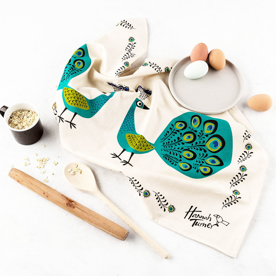 Peacock design organic unbleached cotton tea Towel, kitchen linens by Hannah Turner
