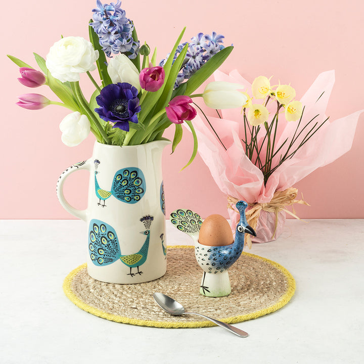 Peacock jug and egg cup by Hannah Turner