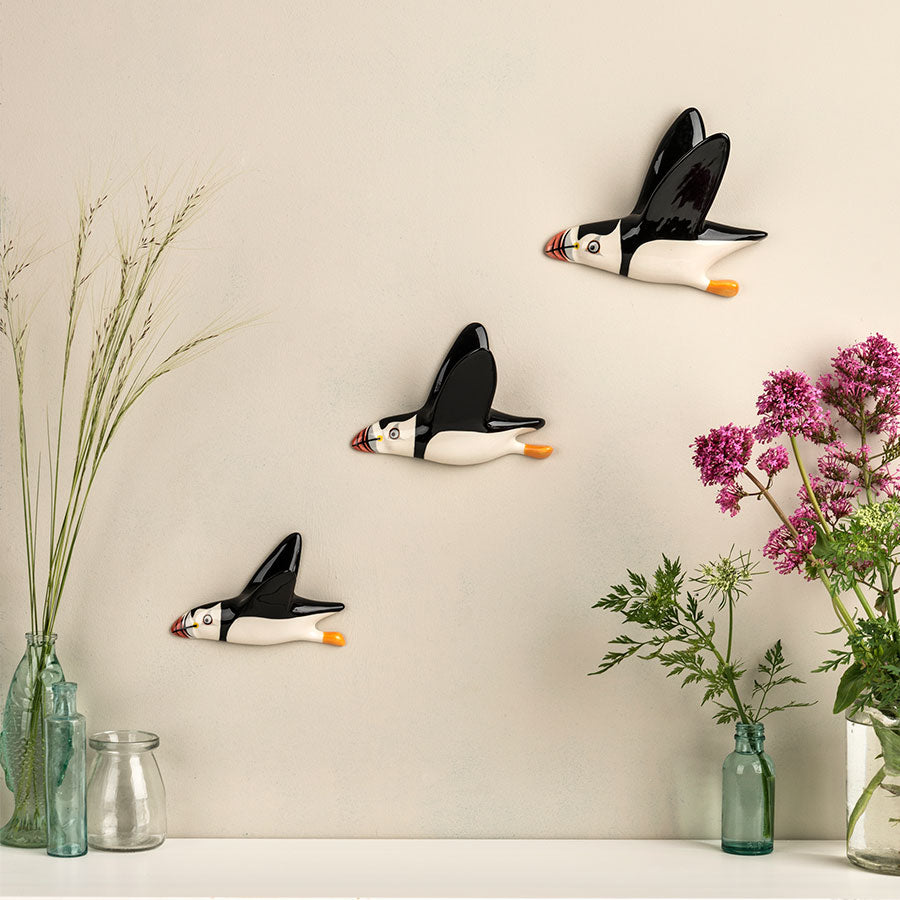 Handmade Ceramic Puffin Wall Mounted Trio by Hannah Turner