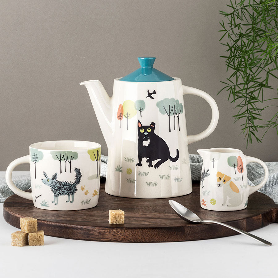 Handmade Ceramic Dog Teapot, mug, milk jug by Hannah Turner