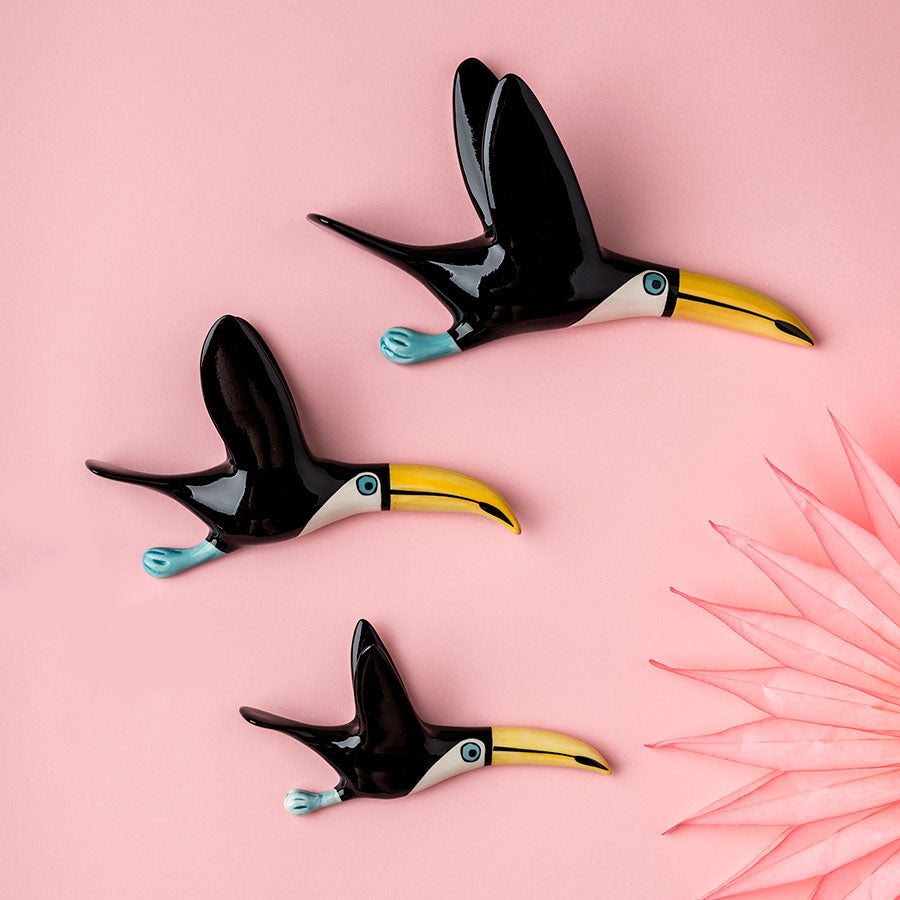 Handmade Ceramic Wall-Mounted Flying Toucan Trio by Hannah Turner