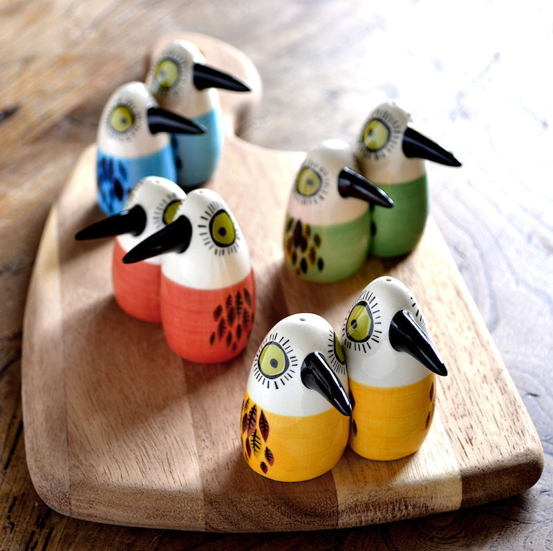 Handmade Ceramic Blue, Red, Green, Yellow Bird Salt and Pepper Shakers by Hannah Turner