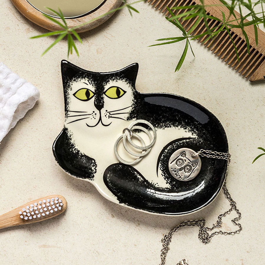 Handmade Ceramic Black and White Cat Trinket Dish by Hannah Turner