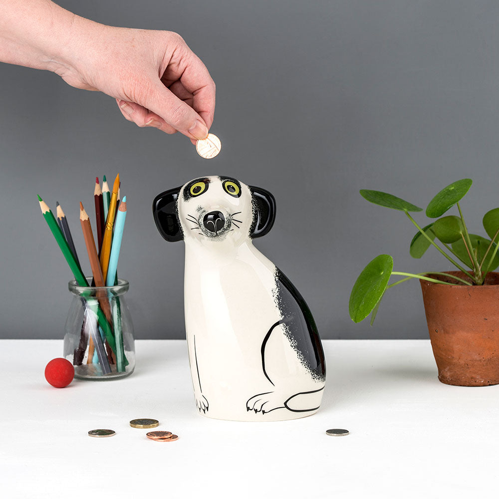 Handmade Ceramic Black and White Dog Money Box by Hannah Turner