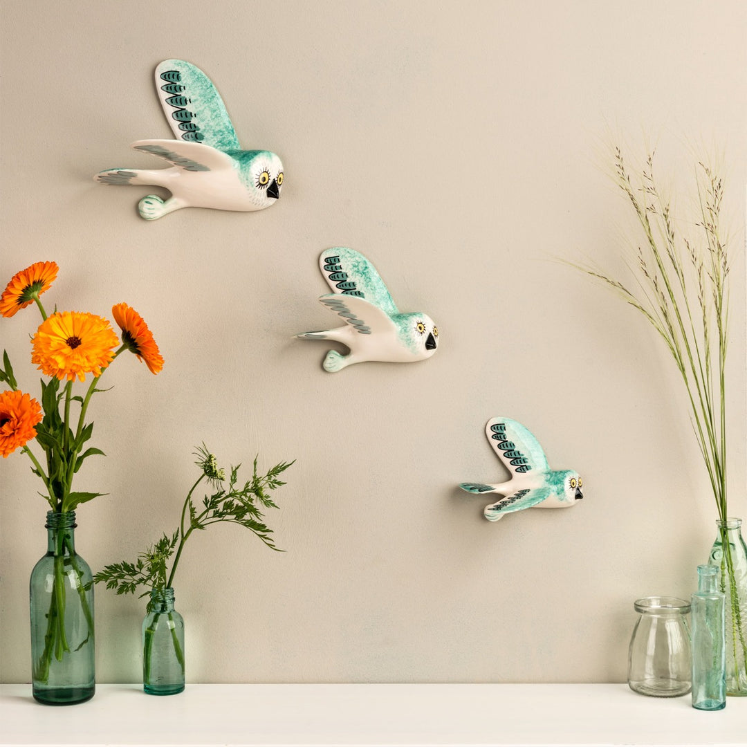 Handmade Ceramic Teal Blue Wall-Mounted Flying Owl Trio by Hannah Turner