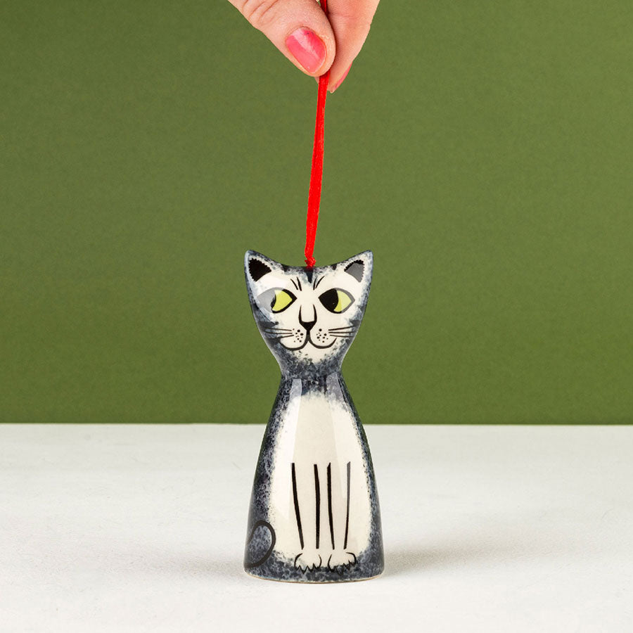 Handmade Ceramic Grey Cat Christmas Tree Decoration by Hannah Turner