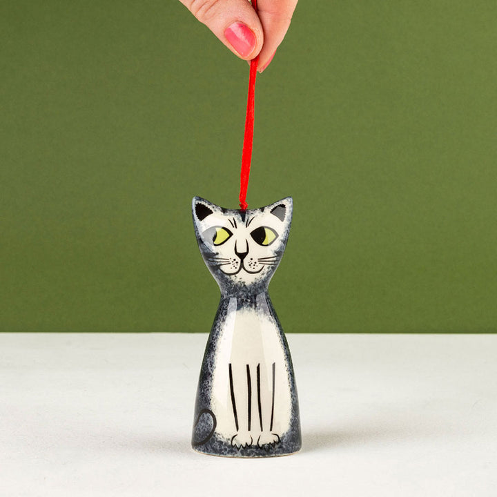Handmade Ceramic Grey Cat Christmas Tree Decoration by Hannah Turner