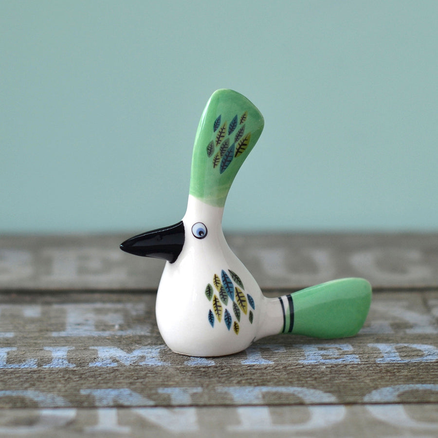 Handmade Ceramic Green 'Crested Baby' Bird Ornament by Hannah Turner