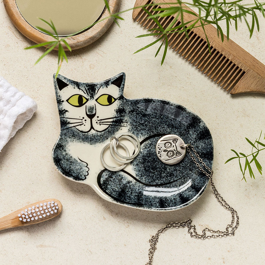 Handmade Ceramic Grey Tabby Cat Trinket Dish