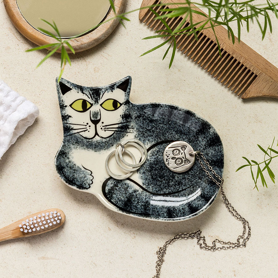 Handmade Ceramic Grey Tabby Cat Trinket Dish Hannah Turner Ceramics