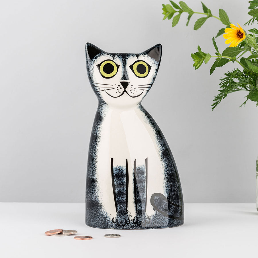 Handmade Ceramic Grey Tabby Cat Trinket Dish