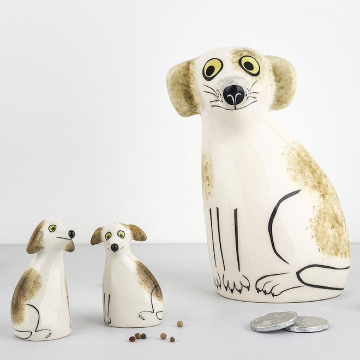 Handmade Ceramic Brown and White Dog Money Box by Hannah Turner