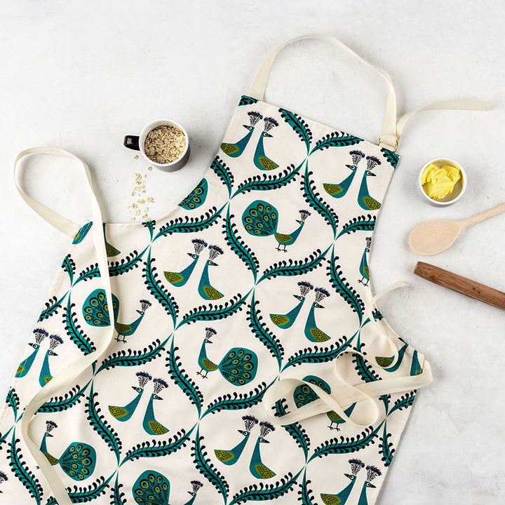 Screen Printed Unbleached Cotton Peacock Apron by Hannah Turner