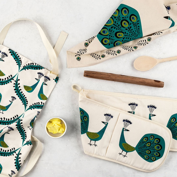 Screen Printed Unbleached Cotton Peacock Apron by Hannah Turner