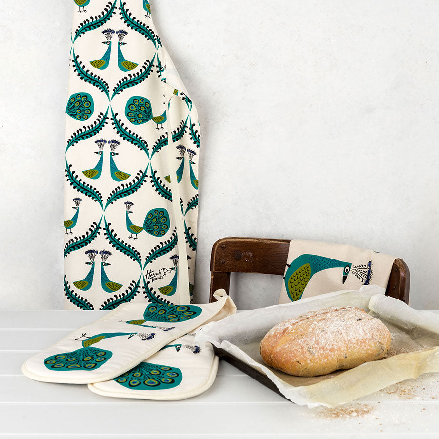 Screen Printed Unbleached Cotton Peacock Oven Gloves by Hannah Turner