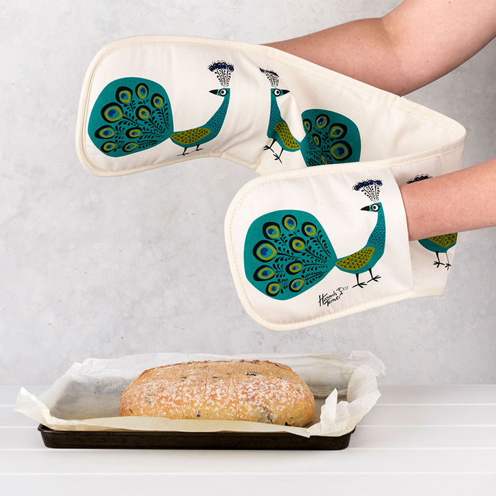 Screen Printed Unbleached Cotton Peacock Oven Gloves by Hannah Turner