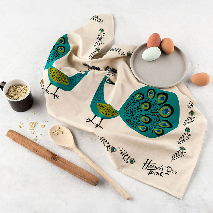 Screen Printed Unbleached Cotton Peacock Tea towel by Hannah Turner