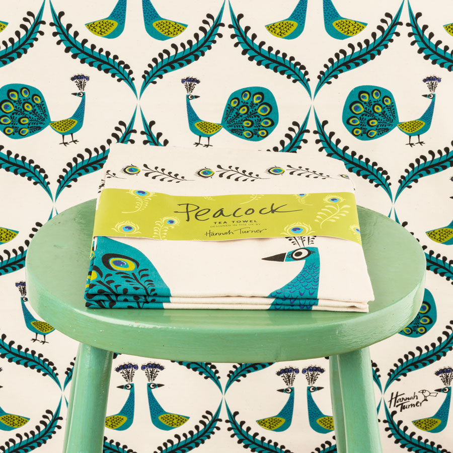 Screen Printed Unbleached Cotton Peacock Tea towel by Hannah Turner