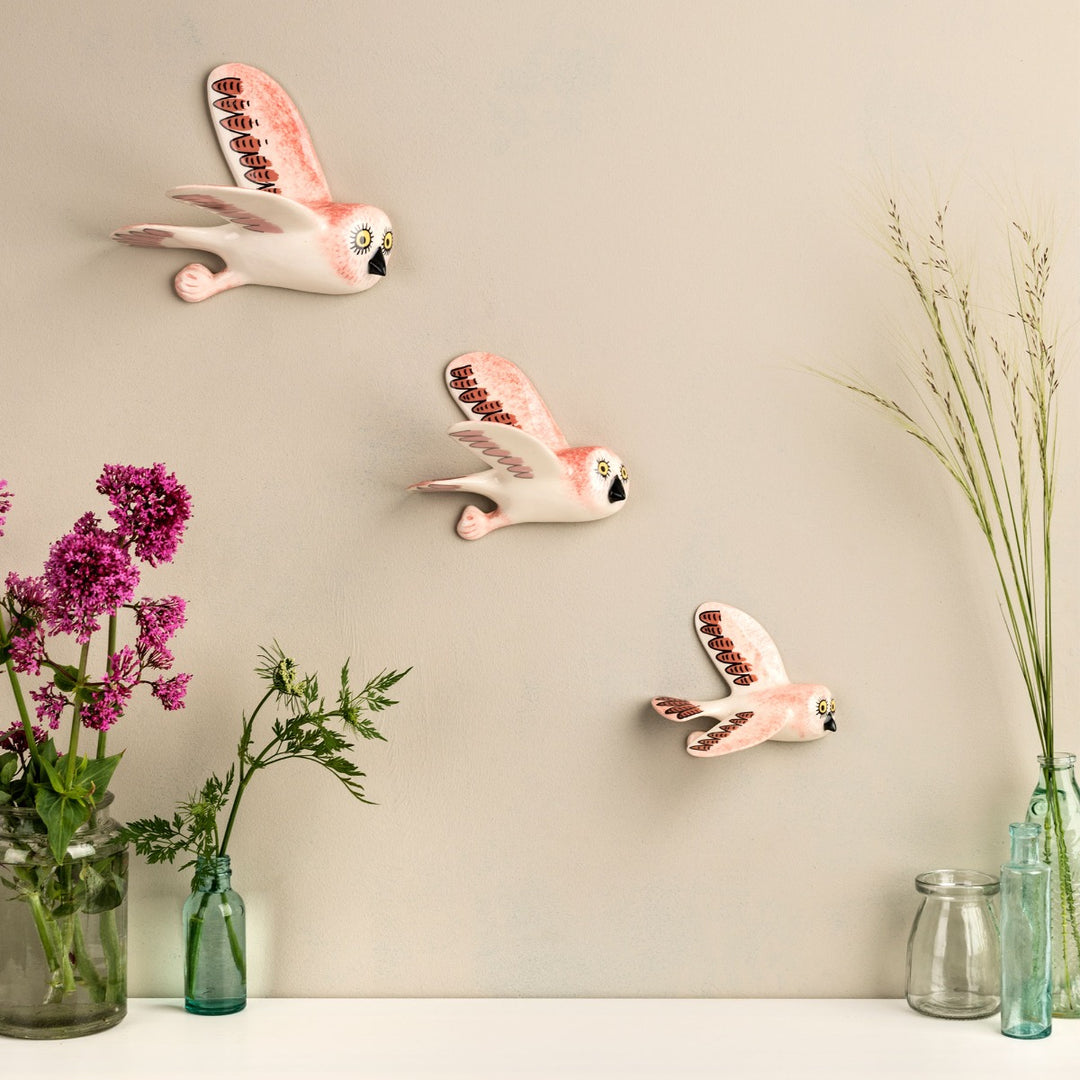 Handmade Ceramic Pink Wall-Mounted Flying Owl Trio by Hannah Turner