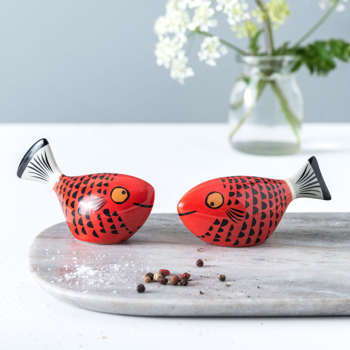 Handmade Ceramic Red Fish Salt and Pepper Shakers by Hannah Turner