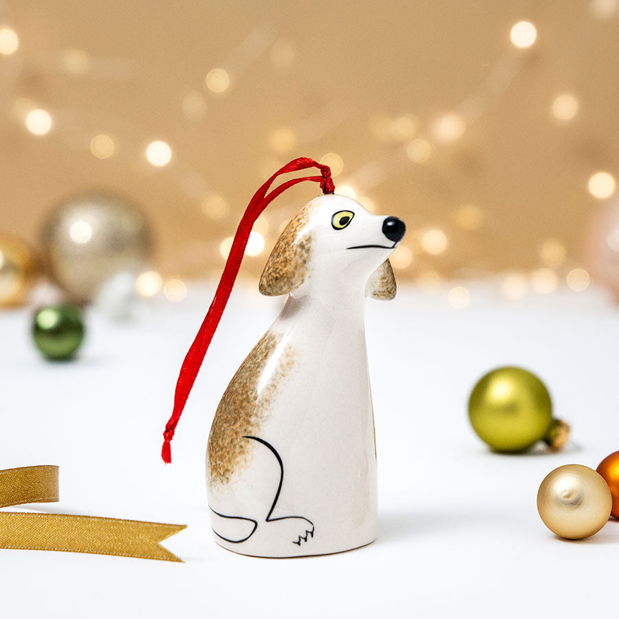 Handmade Ceramic Scruffy Dog Festive Hanging Decoration by Hannah Turner