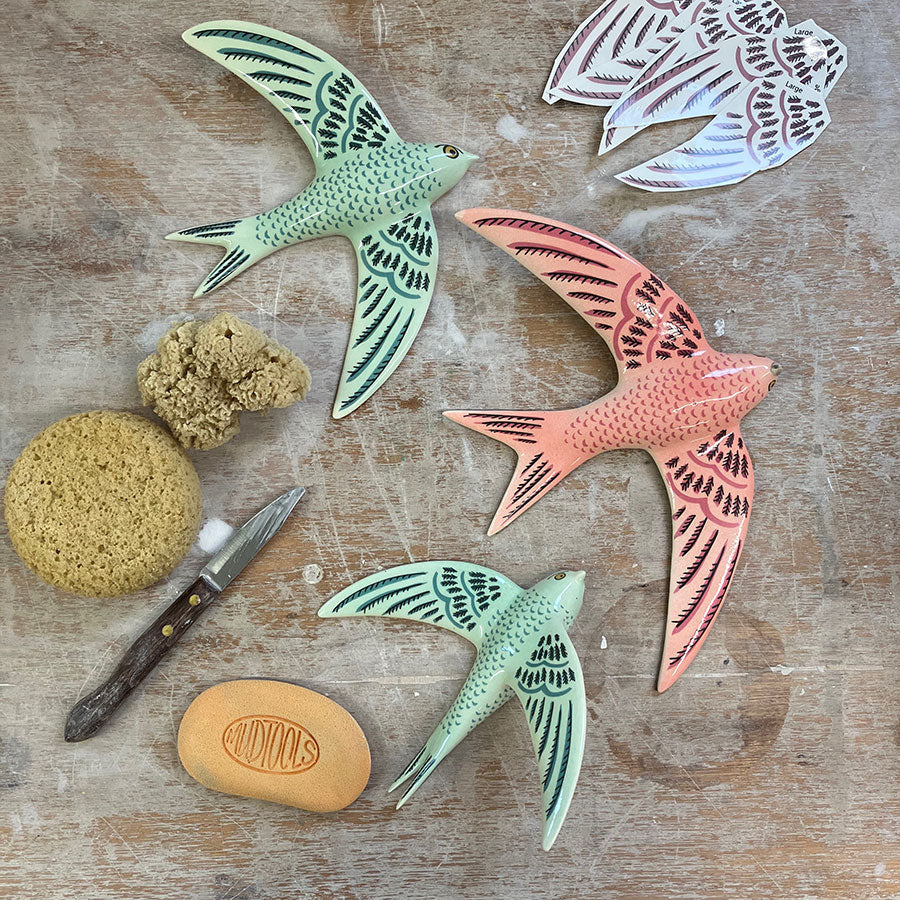 Ceramic Flying Swifts in pink, blue/green