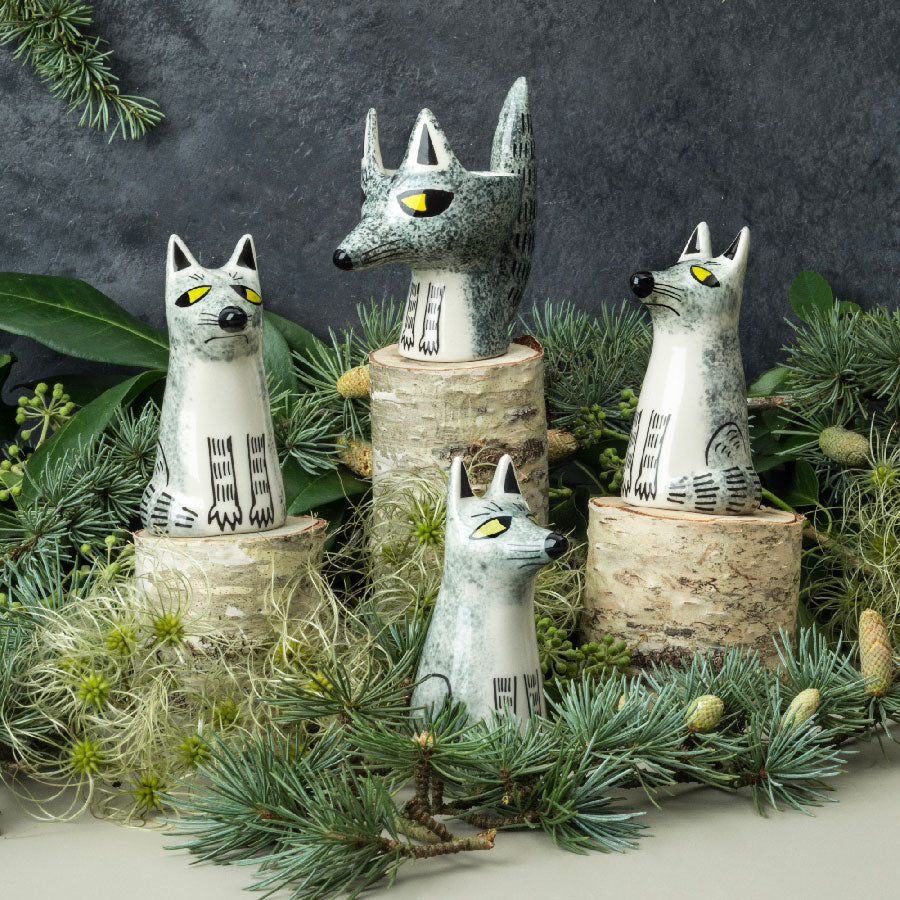 Ceramic Wolf Egg Cup, Salt and pepper Shakers, Hanging Decoration by Hannah Turner