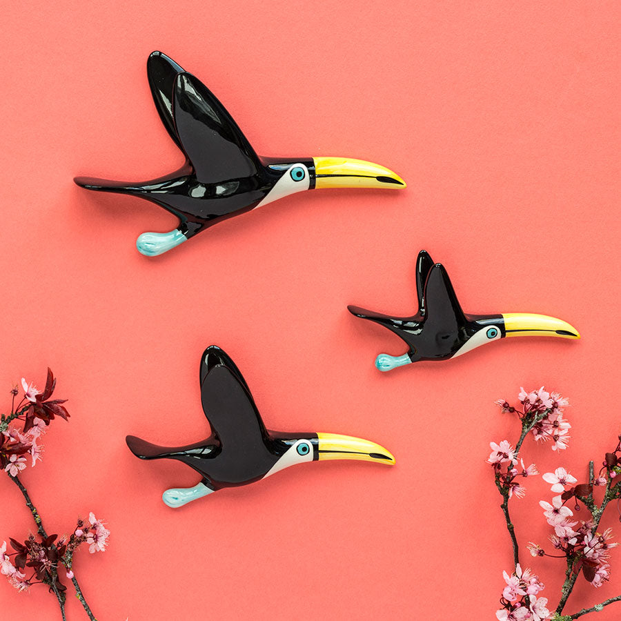 Handmade ceramic flying Toucan trio by Hannah Turner