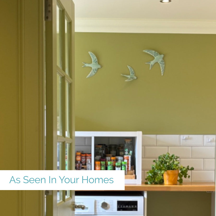 Kitchen interior with green swift trio on the  wall, decorative birds, and a window. It has the caption 'As seen in your homes' 