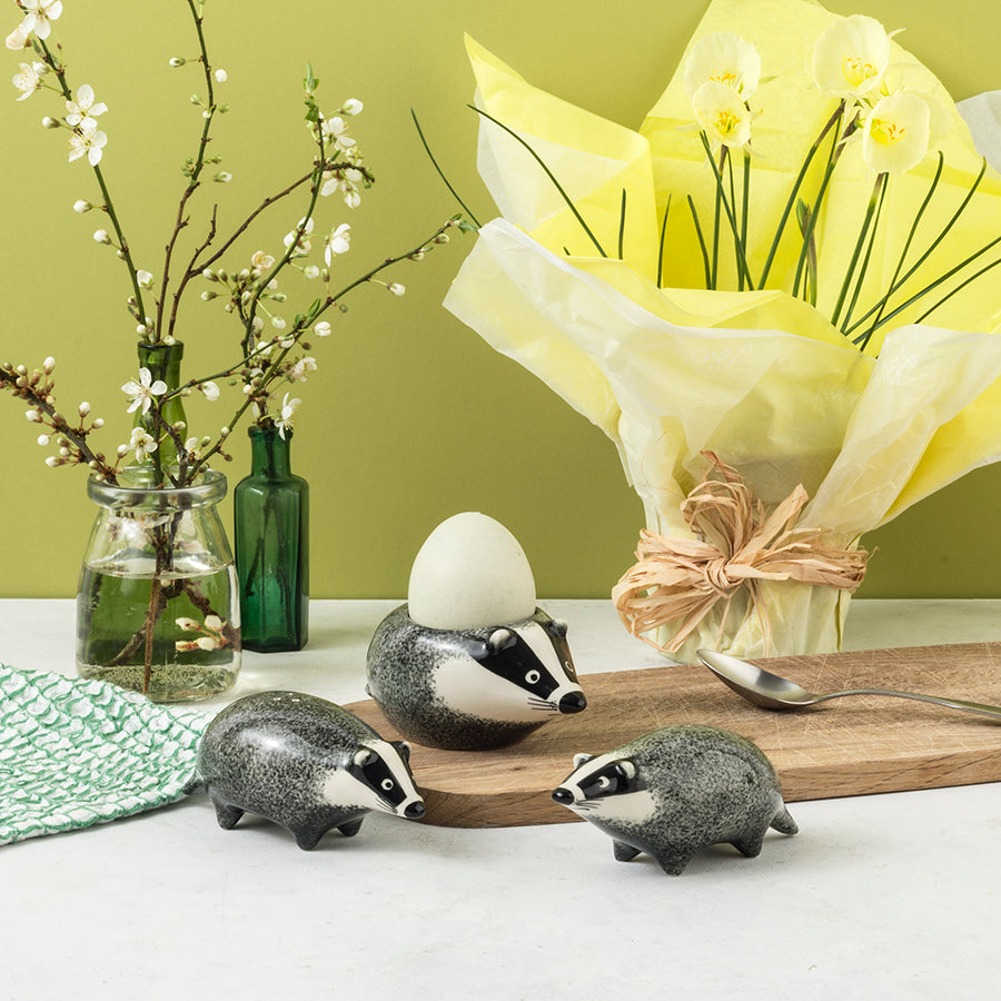 handmade badger egg cup & salt and pepper shakers, by Hannah Turner