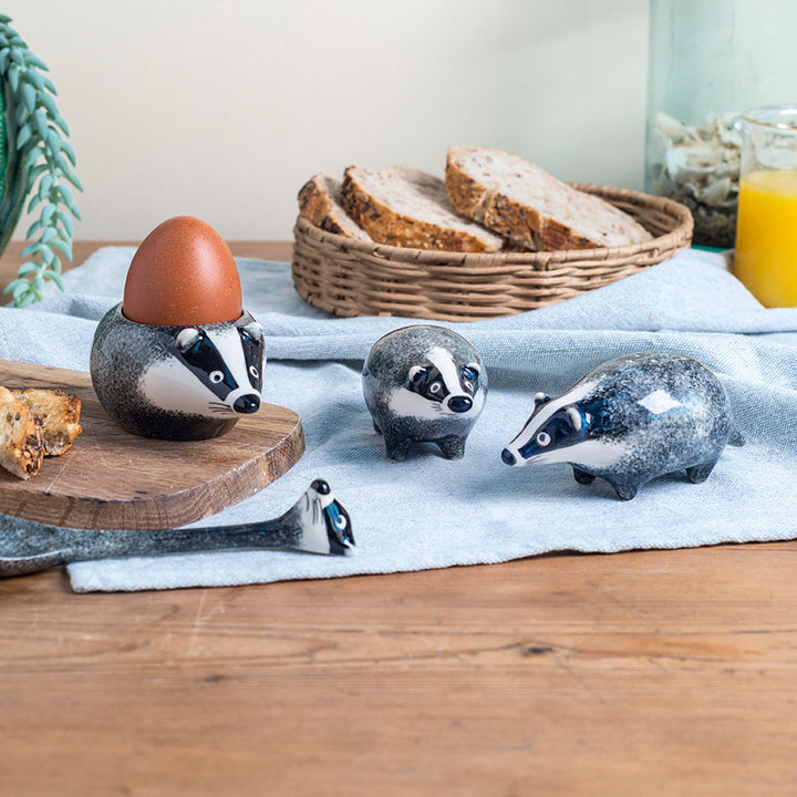 Handmade Ceramic Badger Egg Cup, Salt and Peppers, Spoon by Hannah Turner