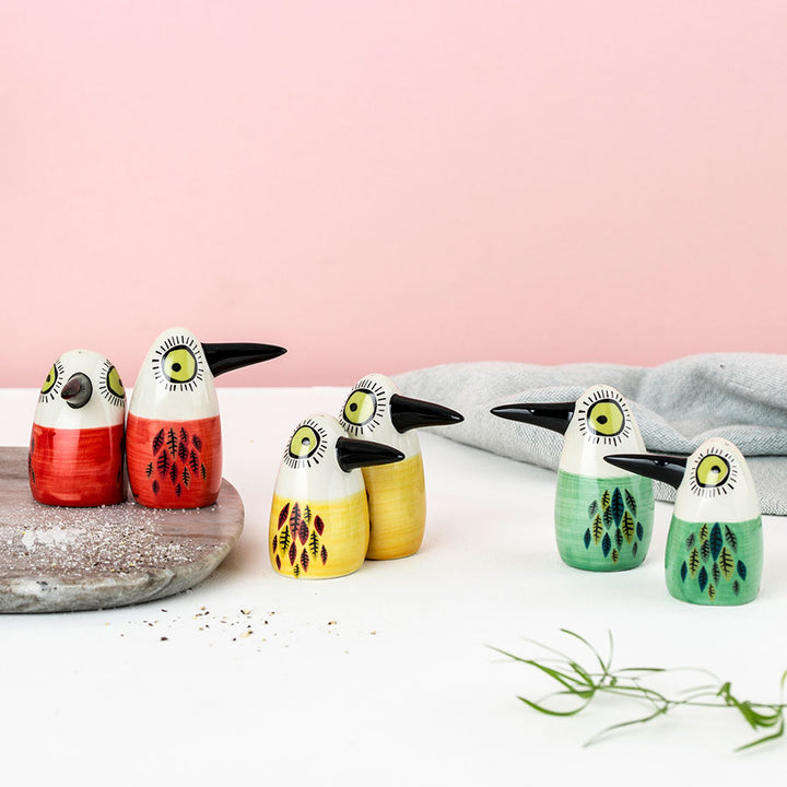 Handmade Ceramic Green Red and Yellow Bird Salt and Pepper Shakers by Hannah Turner 