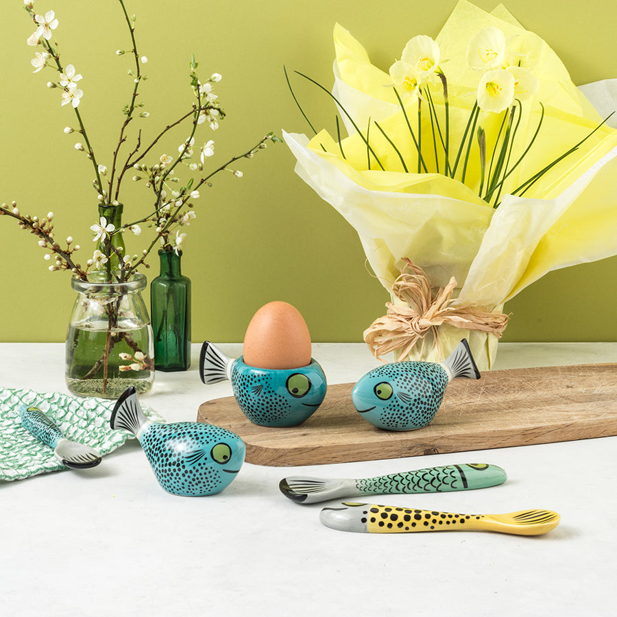 Handmade ceramic blue fish egg cup, spoons and salt and pepper shakers by Hannah Turner