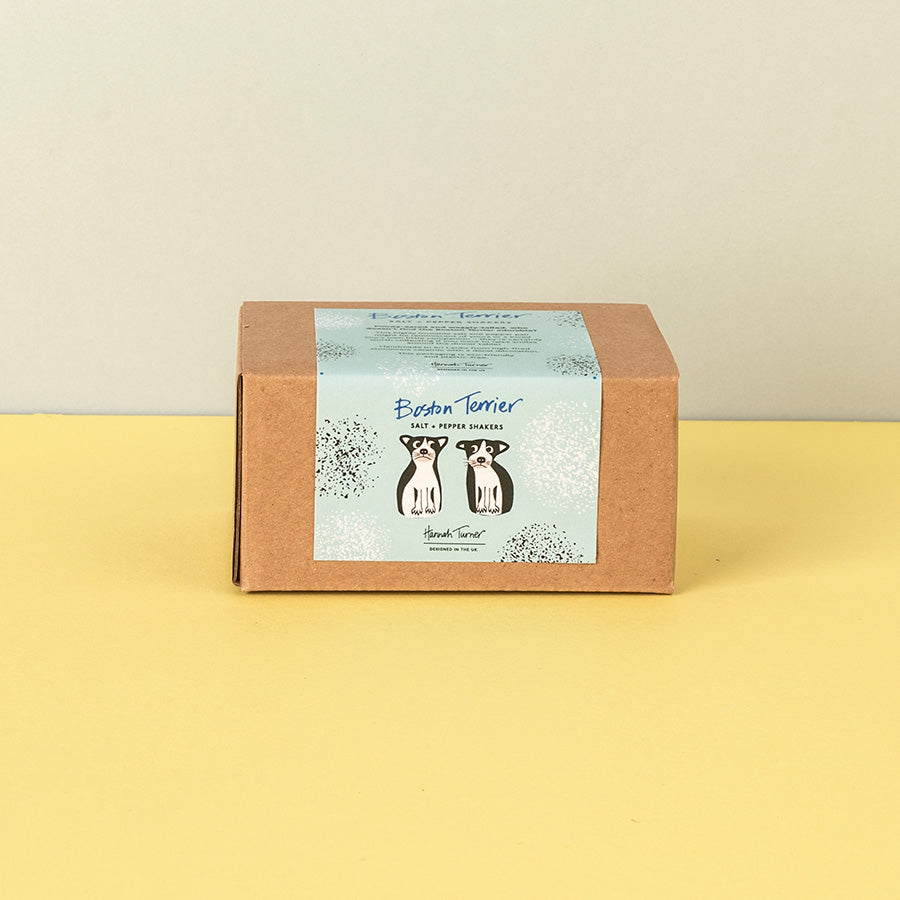 A square brown kraft paper box with a light blue label featuring two dog illustrations and the text 'Boston Terrier' and 'Salt & Pepper Shakers', photographed on a yellow surface against a light beige background.
