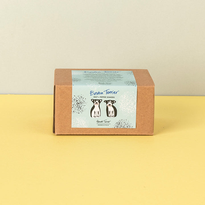 A square brown kraft paper box with a light blue label featuring two dog illustrations and the text 'Boston Terrier' and 'Salt & Pepper Shakers', photographed on a yellow surface against a light beige background.