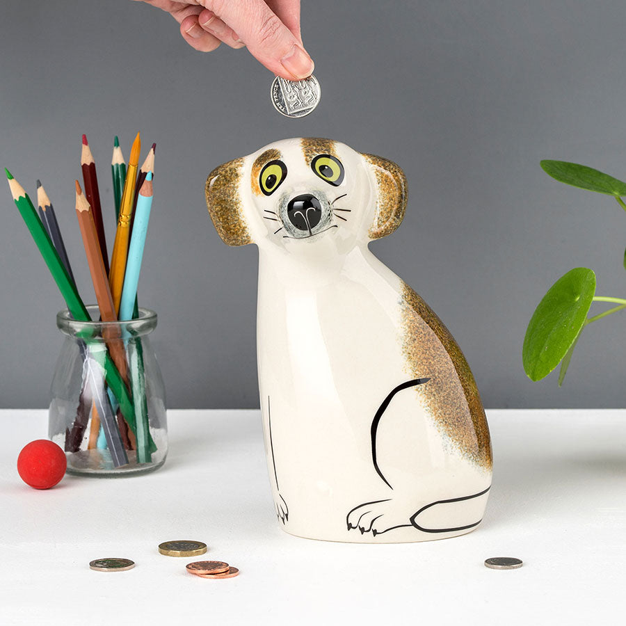 Handmade Ceramic Brown and White Dog Money Box by Hannah Turner