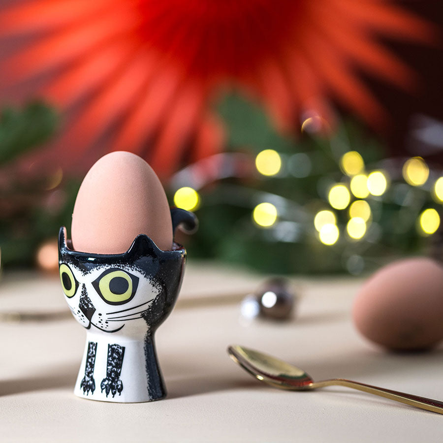 Handmade Ceramic Black and White Cat Egg Cup by Hannah Turner