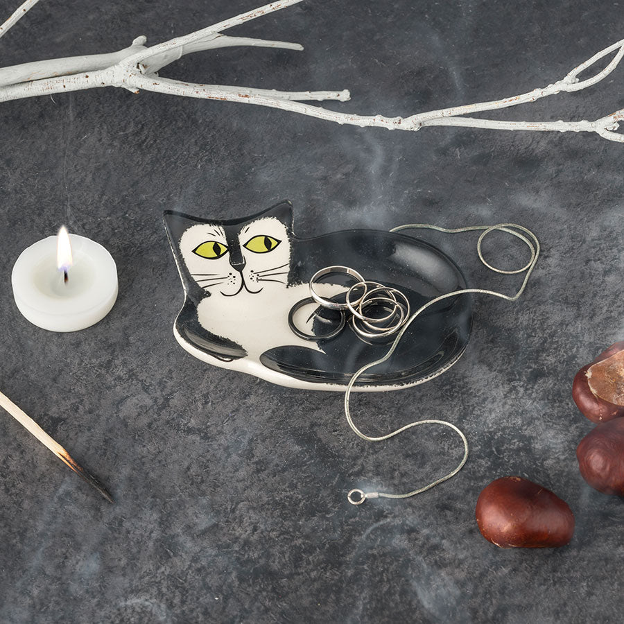 black and white cat trinket dish