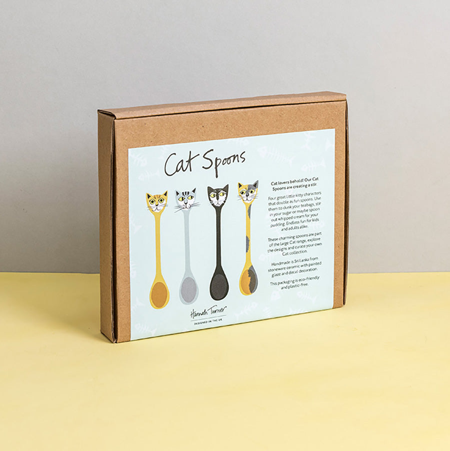 Box of ceramics 'Cat Spoons' with illustrations on a beige background