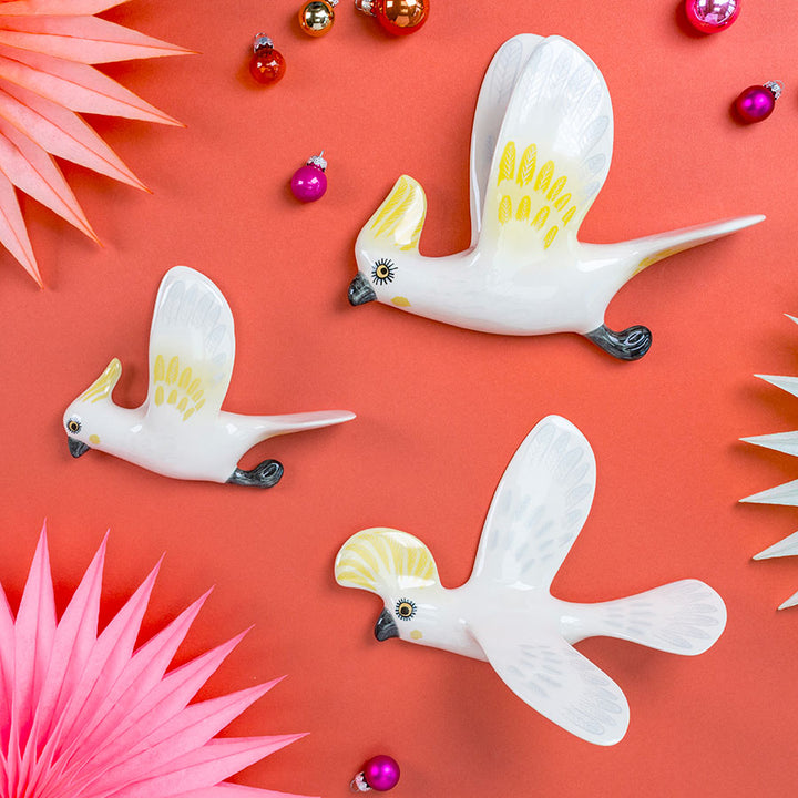 Handmade Ceramic Wall-mounted Flying Cockatoo Trio