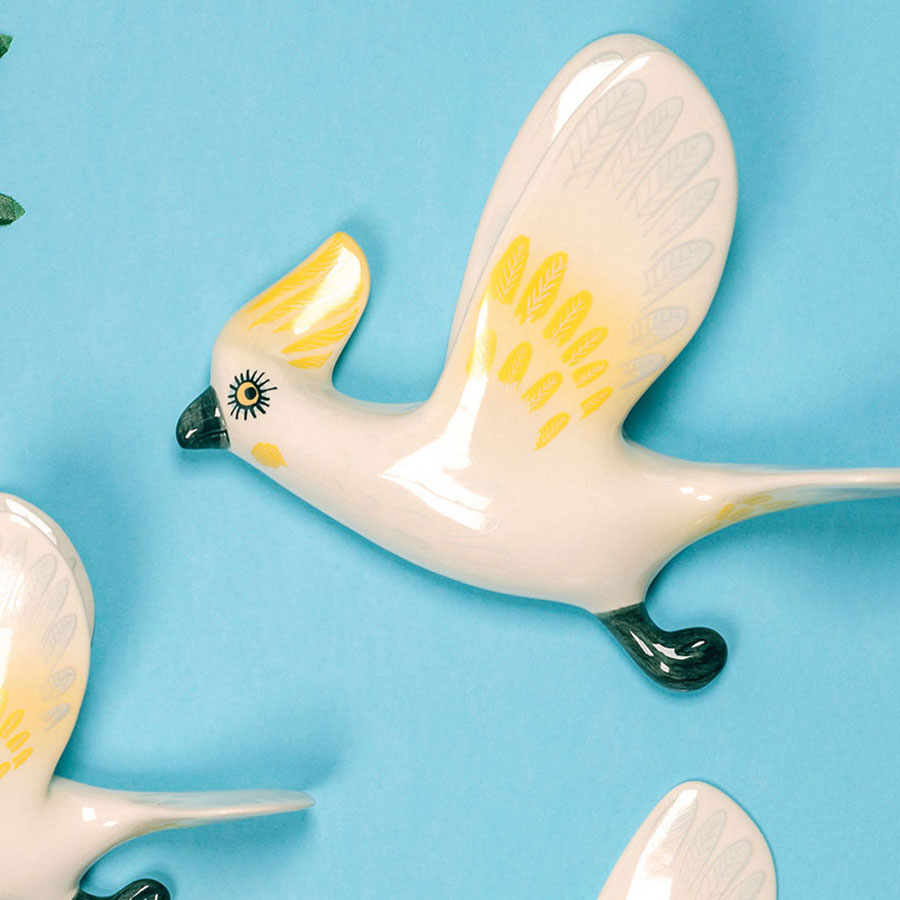 Handmade Ceramic Wall-mounted Flying Cockatoo Trio