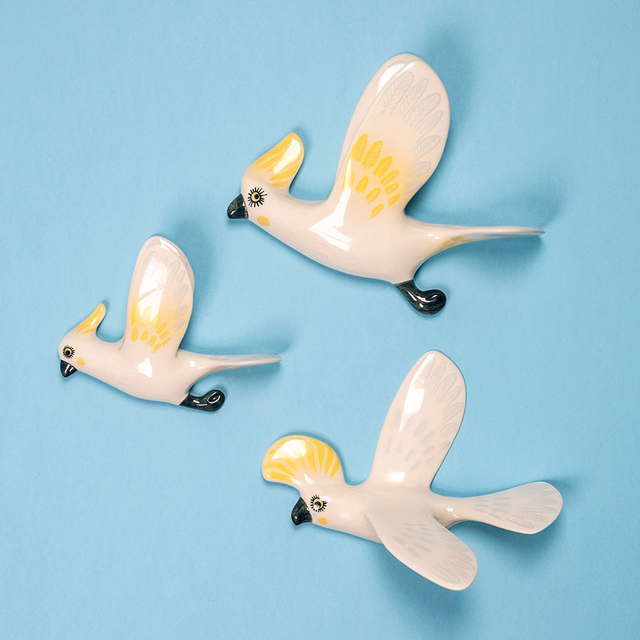 Handmade Ceramic Flying Cockatoo wall-mounted Trio by Hannah Turner